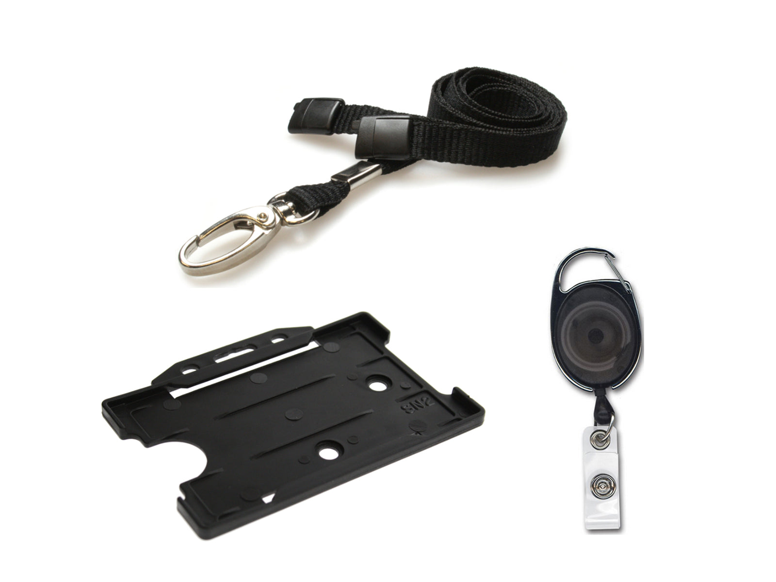 Retractable Keyring Reel, Lanyard Neck Strap And Badge Card Pass Holder Trio Pack For Neck Passes ID Card Black
