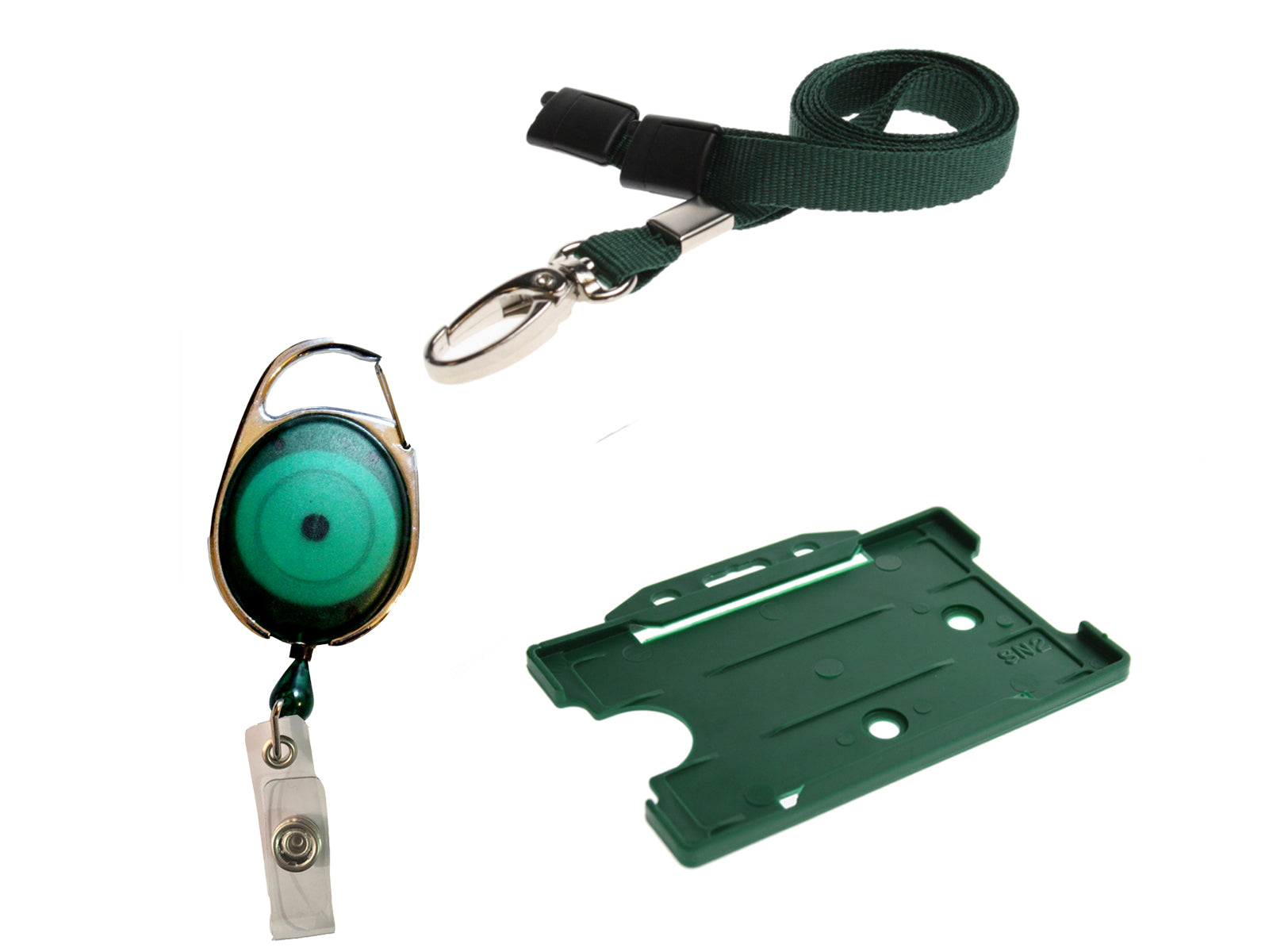Retractable Keyring Reel, Lanyard Neck Strap And Badge Card Pass Holder Trio Pack For Neck Passes ID Card Green