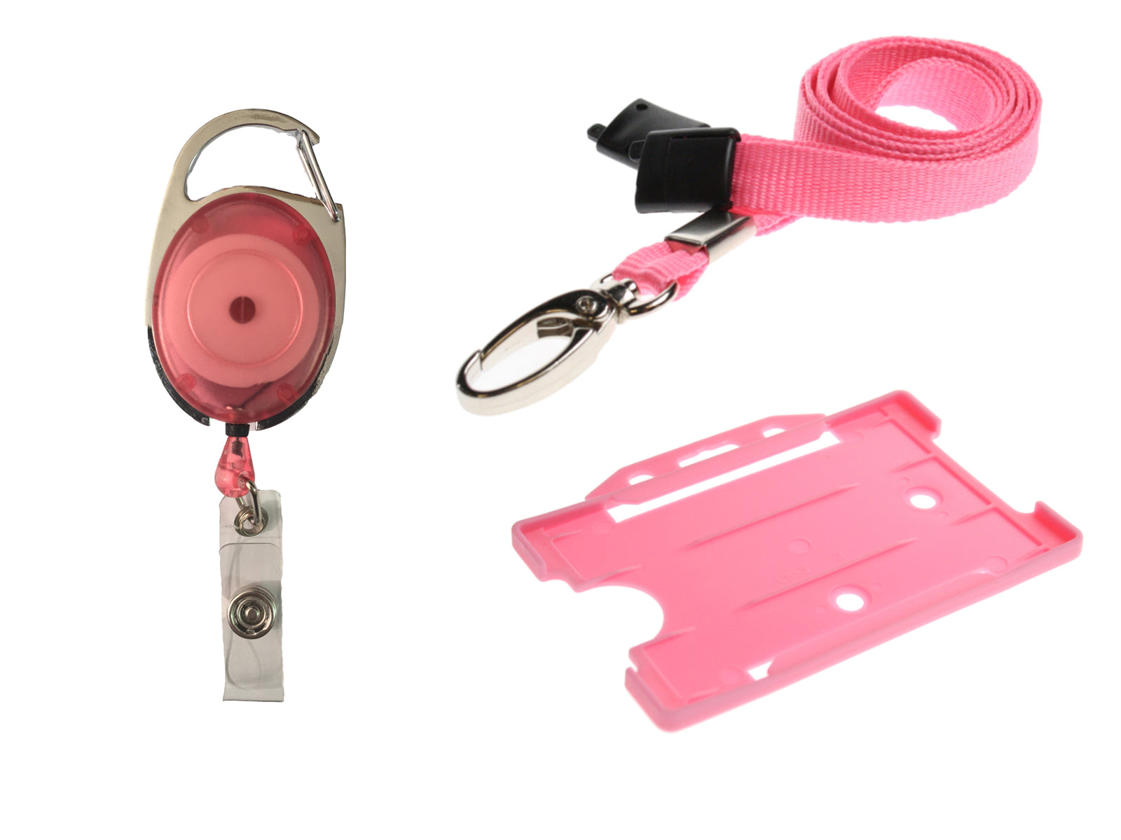 Retractable Keyring Reel, Lanyard Neck Strap And Badge Card Pass Holder Trio Pack For Neck Passes ID Card Pink