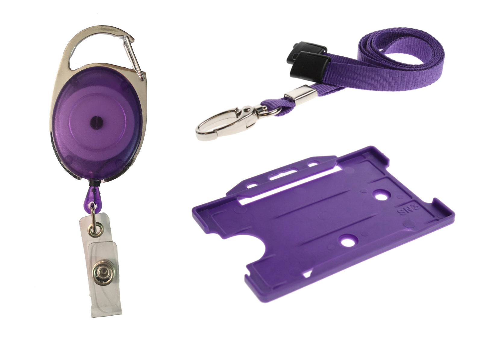 Retractable Keyring Reel, Lanyard Neck Strap And Badge Card Pass Holder Trio Pack For Neck Passes ID Card Purple