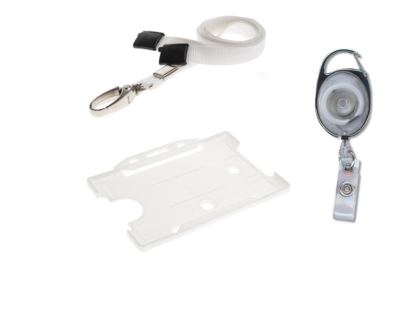 Retractable Keyring Reel, Lanyard Neck Strap And Badge Card Pass Holder Trio Pack For Neck Passes ID Card White